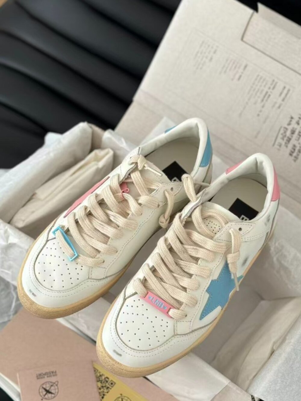 Golden Goose White Leather Sneakers with Blue Star and Pink Accents